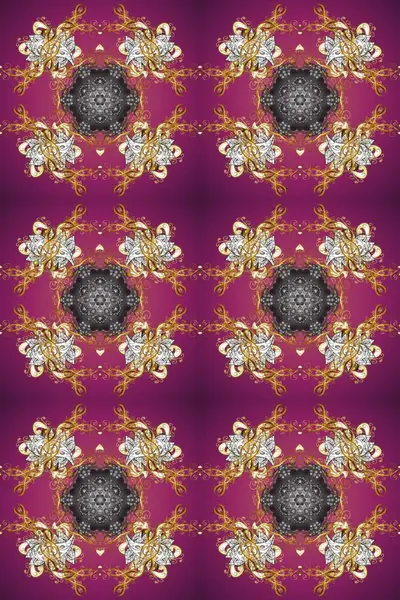 Design vintage for card, wallpaper, wrapping, textile. Gold template. Royal retro on purple, brown and gray colors. Floral classic texture. Seamless pattern golden elements. Raster illustration.