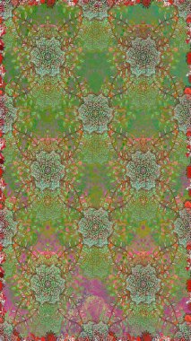 Seamless background. Vintage retro style. For print on fabric, textiles, wallpaper. Raster illustration. Seamless pattern with colorful paisley, green and brown flowers and decorative elements.