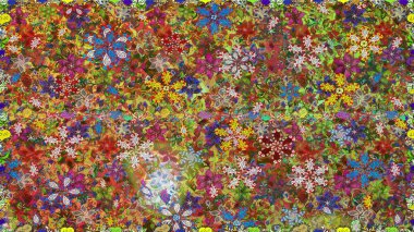 Düz Çiçek Elementleri Tasarımı. Raster Illustrasyon 'da moda olmayan çiçek deseni. Kahverengi ve yeşil renkli çiçekler. Renkli Yaz Temalı Kusursuz Arkaplan.