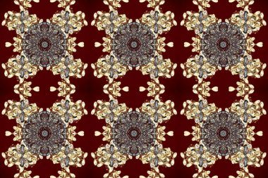 Noel, kar tanesi, yeni yıl 2025. Gri, kırmızı ve kahverengi renklerde ve altın elementlerle kusursuz klasik desen.