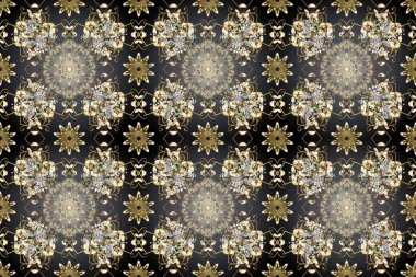 Damask arkaplanı tekerrür ediyor. Gri, bej ve kahverengi renklerde altın element. Barok tarzında altın çiçek süsü. Antika altın tekrarlanabilir duvar kağıdı.