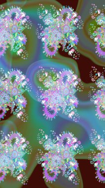 Yeşil arka planda. Tekstil, kumaş, ambalaj, hatıra defteri için hoş bir çiçek arkaplanı. Çocuksu tasarım. Elle çizilmiş karalama çiçekleri ile Raster çizim deseni.