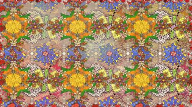 Raster illustration. In asian textile style on brown and beige colors. Seamless flowers pattern.