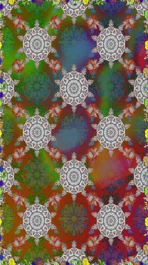 Kahverengi ve gri zarif küçük çiçekler ve kahverengi ve gri renkli komik böcekler, raster desen, illüstrasyon.