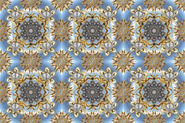 Brilliant lace, stylized flowers, paisley. Seamless pattern on gray, beige a blue colors with golden elements. Seamless golden texture curls. Raster. Oriental style arabesques. Delicate golden pattern
