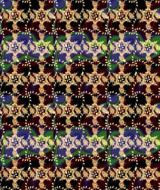 Seamless pattern with colorful paisley, brown and black flowers and decorative elements. Seamless background. For print on fabric, textiles, wallpaper. Vintage retro style. Raster illustration.