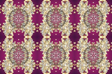 Raster geometric background. Golden seamless pattern on purple, beige and neutral colors with golden floral elements. Golden color seamless illustration. For your design, wallpaper.