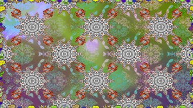 Beautiful watercolor pattern with flowers. On gray and green colors. Raster illustration.