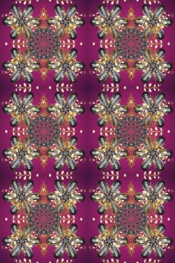 Raster golden mehndi seamless pattern. Ornamental floral elements with henna tattoo, golden stickers, mehndi and yoga design, cards and prints. Pattern on purple, gray and brown colors.