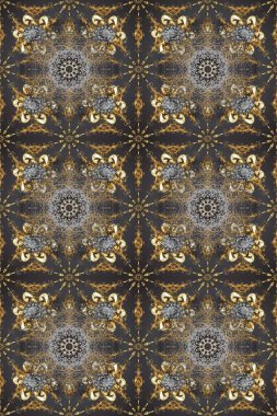 Kına dövmeli süs çiçekleri, altın çıkartmalar, mehndi ve yoga tasarımı, kartlar ve parmak izleri. Gri, kahverengi ve bej renkli desen. Raster altın mehndi kusursuz desen.