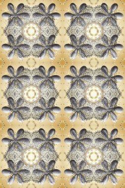 Seamless pattern oriental ornament. Raster golden textile print. Golden pattern on gray and beige colors with golden elements. Floral tiles. Islamic design.