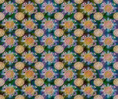 Çok mavi ve yeşil zarif küçük çiçekler ve mavi ve yeşil renkli komik böcekler, raster desen, illüstrasyon.