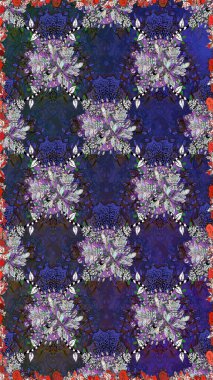 Gentle, spring floral on violet and gray colors. Raster floral pattern in doodle style with flowers and leaves. Raster illustration.