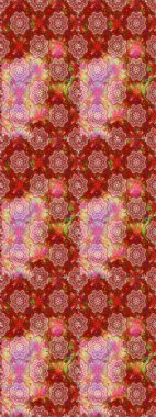 Raster illustration. Seamless flowers pattern. Colour Spring Theme seamless pattern Background. Flat Flower Elements Design. In asian textile style. Flowers on red and pink colors.