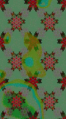 Raster illüstrasyonu. Çizim çiçek deseni duvar kâğıdı olarak kullanılabilir. Yeşil ve kahverengi renkte çiçekler.