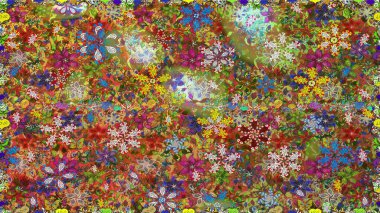 Çiçekli, kusursuz bir arkaplan. Renkli Bahar Temalı Kusursuz Arkaplan. Çocuk stili. Düz Çiçek Elementleri Tasarımı.