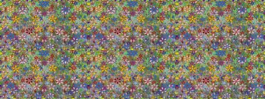 Şirin çiçek elementleri. Renkli Bahar Temalı Kusursuz Arkaplan. Düz Çiçek Elementleri Tasarımı. Kusursuz desenli, modaya uygun kumaş deseni. Raster illüstrasyonu.