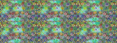 Raster - stok. Kusursuz bir arka plan modeli. Yapraklı çiçekler ve yeşil renkli papatya çiçekleri..