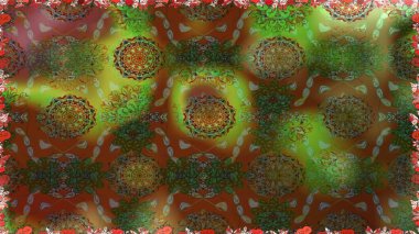 Renkli Yaz Temalı Kusursuz Arkaplan. Düz Çiçek Elementleri Tasarımı. Raster Illustrasyon 'da moda olmayan çiçek deseni. Kahverengi ve yeşil renkte çiçekler.