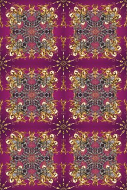 Mor, kahverengi ve gri renklerde altın elementlerle kusursuz desen. Raster oryantal süs. Kusursuz altın desen.