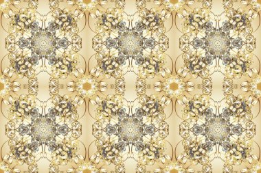 Raster. Hassas altın deseni açın. Kusursuz altın dokular. Kahverengi, bej renkli ve altın elementli kusursuz desen. Doğu tarzı arabesk. Parlak dantel, stilize çiçekler, şal desenli