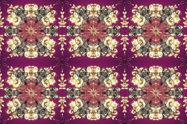 Golden outline floral decor. Line art seamless border for design template. Raster illustration for invitations, cards, web page. Golden element on purple, brown and beige colors. Eastern style element