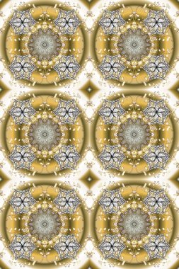 Tarafsız, gri ve bej renklerde altın elementlerle kusursuz desen. Klasik klasik klasik arka plan. Geleneksel oryantasyon süsü. Kusursuz klasik raster altın desenli. Raster illüstrasyonu.