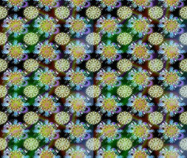 Raster illüstrasyonu. Tarafsız ve yeşil renklerde bahar çiçekleri. Yaprak ve çiçeklerin suluboya resimleri, tarafsız ve yeşil renklerde kusursuz desenler..