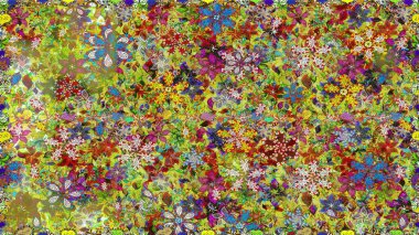 Raster illüstrasyonu. Çiçekli karalama şeklinde Raster çiçek deseni. Yeşil ve kahverengi renklerde bahar çiçekleri..