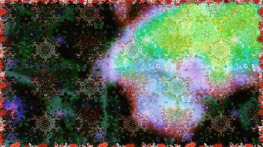 Raster Modaya uygun kumaş deseni. Renkli Bahar Temalı Kusursuz Arkaplan. Düz Çiçek Elementleri Tasarımı. Yeşil ve siyah renkli şirin çiçek deseni.