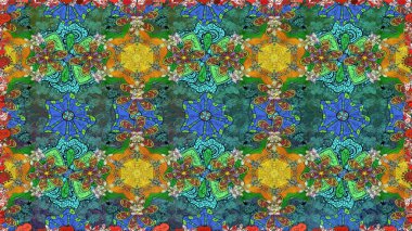 Parlak çiçekli kolaj çiçekleri yeşil ve mavi. Çiçekli zambaklar kusursuz bir arka plan. Çiçek tasarımı için inanılmaz kolaj cennet tarzı..