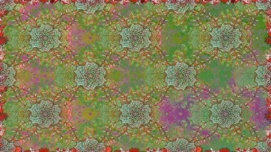 Millefleur 'lar. Küçük yeşil n nötr renkte oldukça eski bir besin torbası deseni, çiçekler. Tekstil, kumaş, kapaklar, duvar kağıtları, baskı, naylon, yapıştırma, örgü, dekupaj için çiçeksiz arkaplan