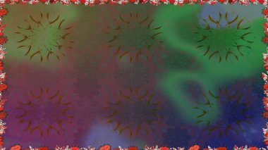 Çiçek çelengi. Kıvırcık, parlak örgü. Eski moda arka plan. Şablon, pürüzsüz, çiçekli kenar. Güzel, parlak, pürüzsüz kumaş, tuval. Raster illüstrasyonu.