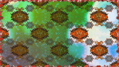 Düz Çiçek Elementleri Tasarımı. Güzel çiçek deseni. Renkli Bahar Temalı Kusursuz Arkaplan. Yeşil ve kahverengi renkte çiçekler.