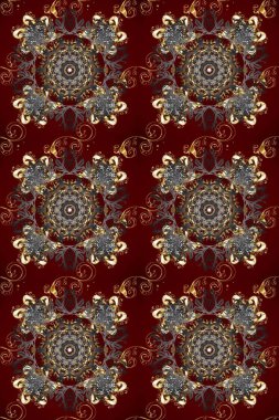 Gri, kırmızı ve kahverengi renklerde, altın elementlerle kusursuz klasik desen. Noel, kar tanesi, yeni yıl 2025.