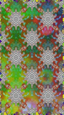 Ağaç dallı bahar çiçekleri ile desen, yeşil ve gri renkler ile çiçek silueti. Raster deseni.