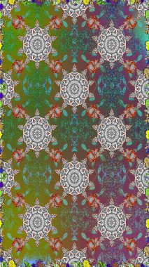 Retro tekstil tasarım koleksiyonu. Çiçekli ipek eşarp. Gri ve kahverengi üzerine gri ve kahverengi. 1950-1960 motifleri. El çizimi çiçek elementleriyle soyut, dikişsiz raster deseni..