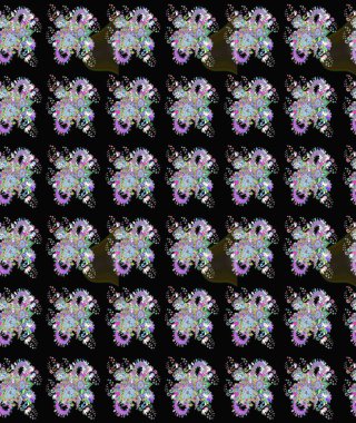 Siyah ve nötr renklerde parlak çiçekli halı deseni.