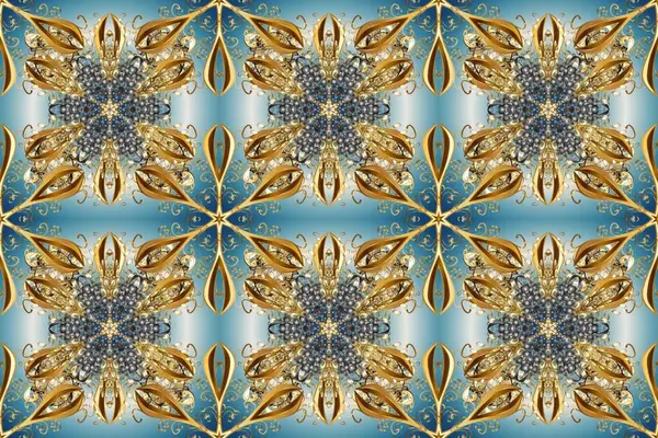 Raster illüstrasyonu. Geleneksel oryantasyon süsü. Kusursuz klasik raster altın desenli. Klasik klasik klasik arka plan. Kahverengi, bej ve mavi renklerde altın elementlerle kusursuz desen.