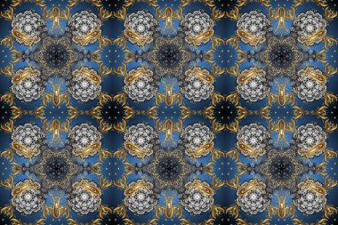 Kusursuz çiçek deseni. Kusursuz raster arka plan. Gri ve mavi renklerde grafiksel, modern, pürüzsüz desen. Duvar kâğıdı barok, İspanyol kumaşı.