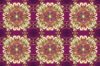 Damask kusursuz yinelenen arkaplan. Mor, bej ve kahverengi renklerde altın element. Doku arka planında altın duvar kâğıdı. Barok tarzında altın çiçekli süs..