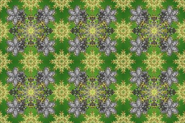 Geleneksel oryantasyon süsü. Raster illüstrasyonu. Kusursuz klasik raster altın desenli. Gri, nötr ve yeşil renklerde altın elementlerle kusursuz desen. Klasik vintage arkaplan.