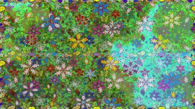 Raster düz çiçekleri pürüzsüz desen. Hediye ambalaj kağıdı, tebrik kartları, posterler ve pankart tasarımı. Yeşil ve mavi renkte çiçekler.