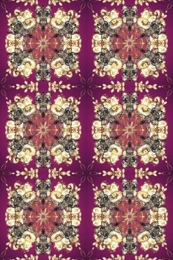 Çizgi sanatı tasarım şablonu için kusursuz sınır. Mor, kahverengi ve bej renklerde altın element. Altın desenli çiçek dekoru. Doğu tarzı element. Davetiyeler, kartlar, web sayfası için Raster illüstrasyonu