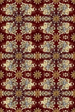 İslam tasarımı. Çiçek kiremitleri. Raster altın tekstil baskısı. Kahverengi, bej ve kırmızı renklerde altın desenli altın elementler. Kusursuz desenli oryantal süs.