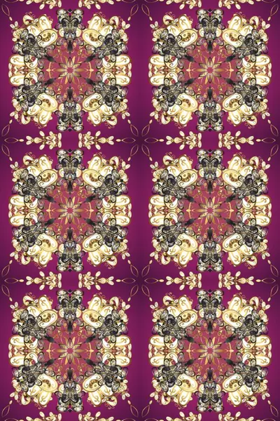 Çizgi sanatı tasarım şablonu için kusursuz sınır. Mor, kahverengi ve bej renklerde altın element. Altın desenli çiçek dekoru. Doğu tarzı element. Davetiyeler, kartlar, web sayfası için Raster illüstrasyonu