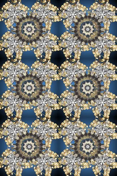 Altın karalama fantezi yapraklarından Raster soyut çiçek çelengi ve gri, bej ve mavi renkli bir çiçek. El yapımı dekoratif çerçeve, albüm kapağı, tebrik kartı, klasik Art deco tarzı.