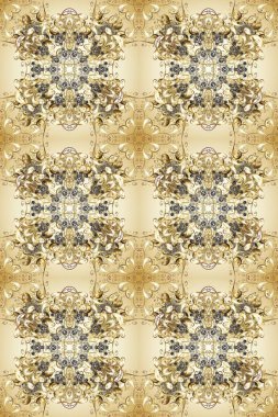 Kusursuz klasik raster altın desenli. Geleneksel oryantasyon süsü. Klasik klasik klasik arka plan. Altın elementlerle bej, nötr ve kahverengi renklerde pürüzsüz desen.