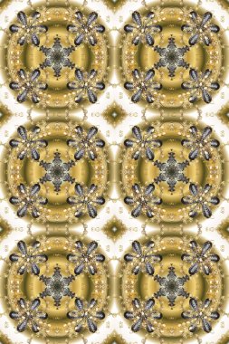 Hassas altın deseni açın. Parlak dantel, stilize çiçekler, şal desenli. Doğu tarzı arabesk. Altın elementlerle bej, kahverengi renklerde pürüzsüz desen. Dikenli altın dokular kıvrılır. Raster.