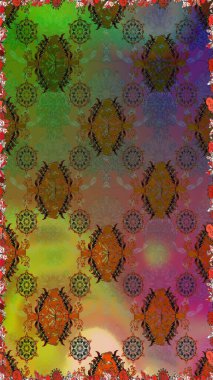 Çiçeklerle suluboya desenli çiçek deseni. Kahverengi renkli Asya tekstili. Raster illüstrasyonu.